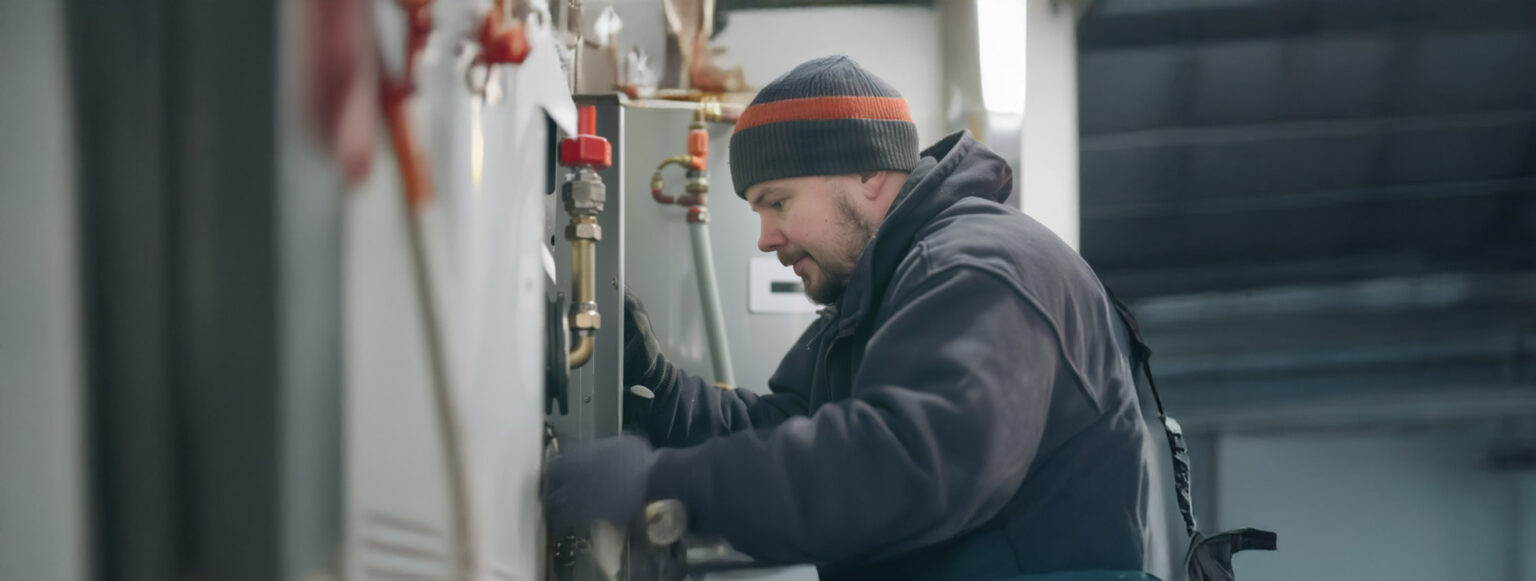 HVAC technician performing maintenance on a heating system inside a mechanical room