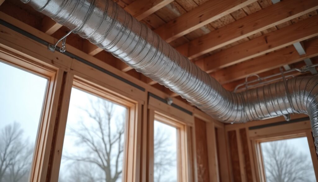 Construction interior shows ventilation ductwork installation.