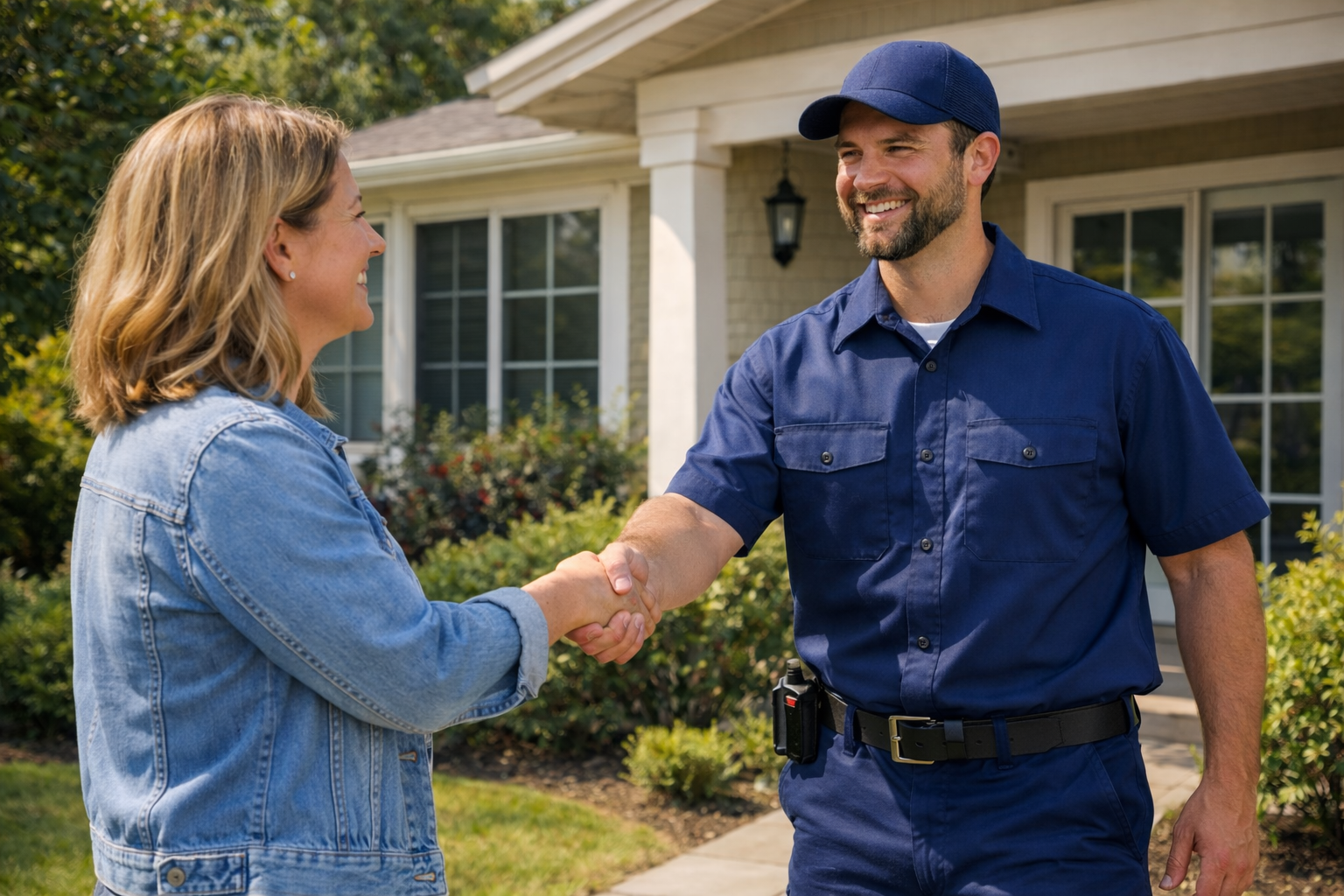 HVAC technician in a navy uniform shaking hands with a smiling homeowner outside a suburban home on a sunny day