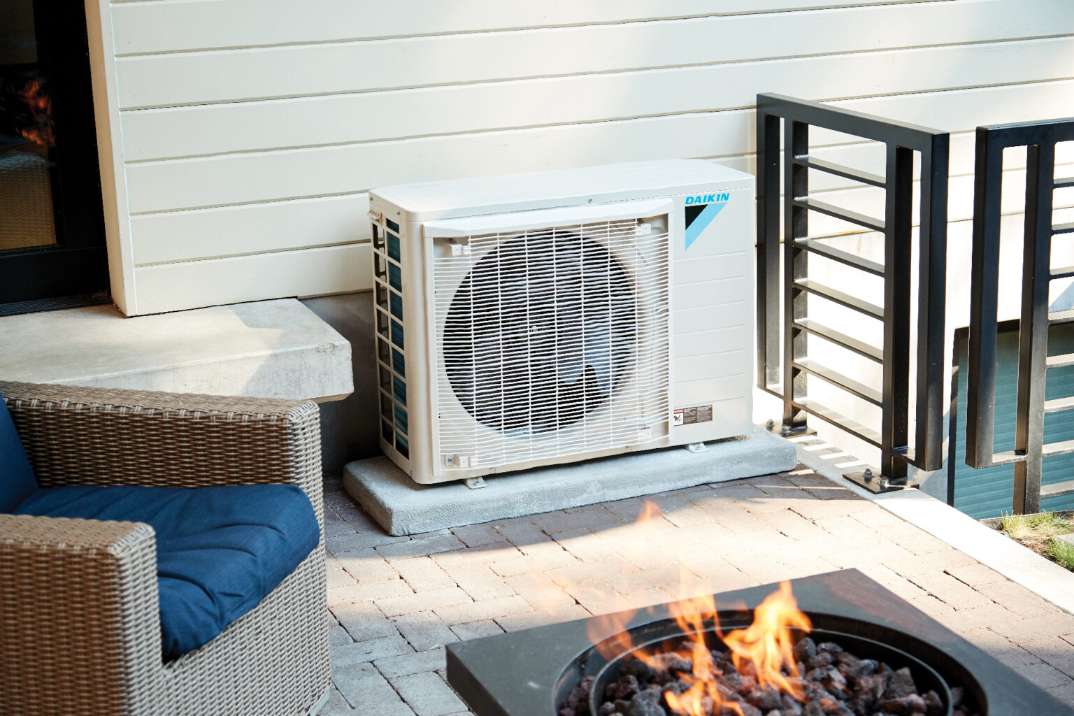Daikin outdoor heat pump system installed at a residential home patio