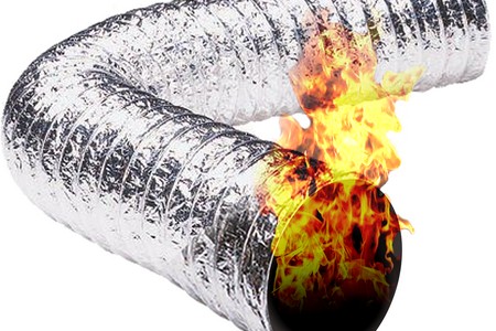 Flexible HVAC duct with flames illustrating a fire hazard or overheating risk inside ductwork.